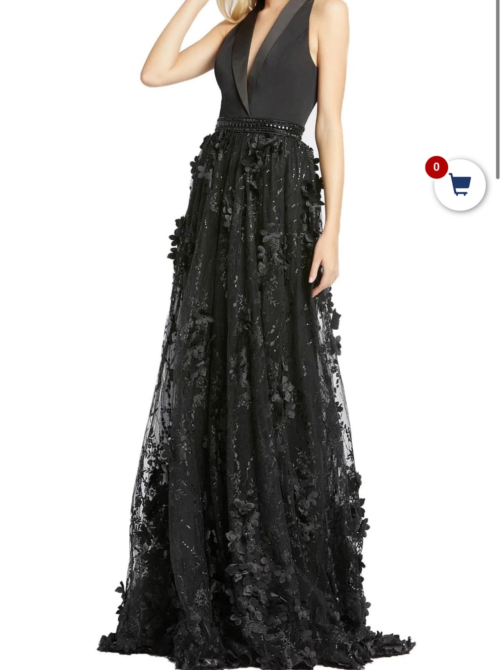 Mac Duggal Black Sleeveless V-Neck Evening Gown with Embroidered Tulle Skirt